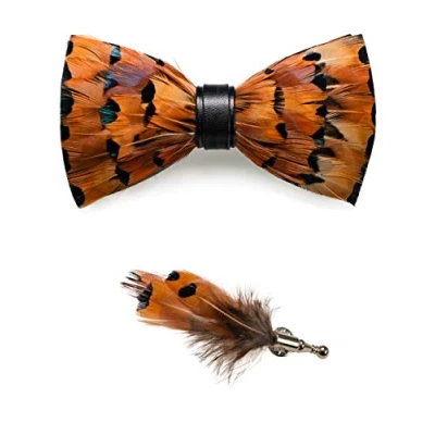 Immagine di JEMYGINS Papillon fatto a mano, in pelle, con piume, confezione regalo, da uomo, per matrimonio e feste, M