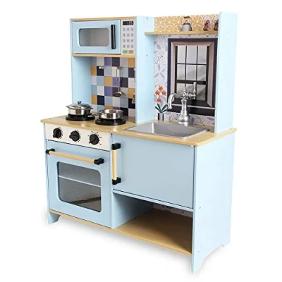 Immagine di DEQUBE cucina in legno, 2 moduli, design moderno, giocattolo con luci e suoni, contiene accessori metallici per il gioco, dimensioni 72 x 30 85 cm, colore blu (913D00013)