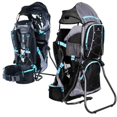 Immagine di DROMADER Zaino Porta Bambino Montagna Trekking fino a 22 kg Comodo Bimbo con Tasca Isolante, Parapioggia e Parasole Nero Blu