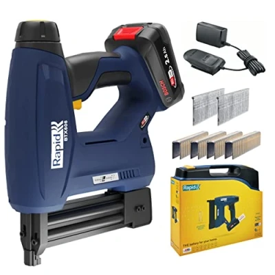 Immagine di Rapid BTX606 18V P4A Graffatrice Alimentata a Batteria con Luce LED, Adatta Lavorare su Legno, Include 200 x Chiodini, Graffette, Batteria, Caricabatterie e Valigetta (5001502)