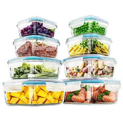 Immagine di KICHLY Set di contenitori in vetro per alimenti 16 pezzi (8 e 8 coperchi) Ermetico, a prova perdite Senza BPA