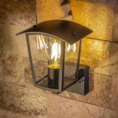 Immagine di CGC Lighting Lampada da parete per esterni Illuminazione nera lanterna diffusore trasparente LED IP44 E27 orientata verso l&#039;alto