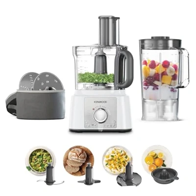 Immagine di Kenwood Robot da Cucina MultiPro Express FDP65.450WH dotato di 7 Accessori, Ciotola Capacità 3L, Potenza 1000W, 2 Velocità+Pulse, Custodia dischi compresa, bianco
