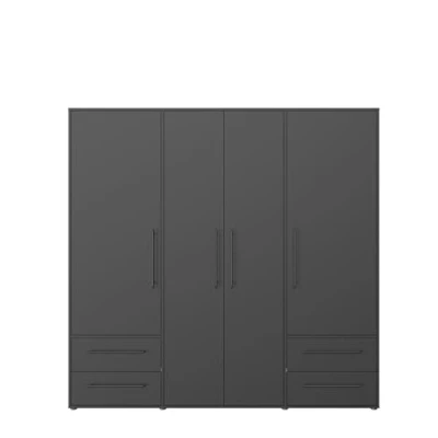 Immagine di AVANTI TRENDSTORE Fathie Armadio con 4 ante battente e cassetti in legno laminato nel colore nero opaco, ripiani bastone appendiabiti. LAP ca. 206x200x59 cm.