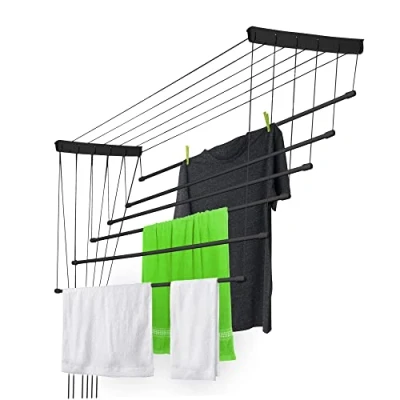 Immagine di KADAX Stendibiancheria da Soffitto in Acciaio Rivestito Polietilene, Stendino con Design Salvaspazio e Capacità di Carico 12 kg (Nero, 6 x 130)