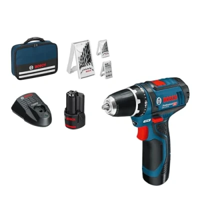 Immagine di Bosch Professional Sistema 12V Trapano Avvitatore GSR 15, Incl. Batteria 2x2.0 + Caricabatterie, Set Accessori 39 Pz., In Borsa, Amazon Exclusive