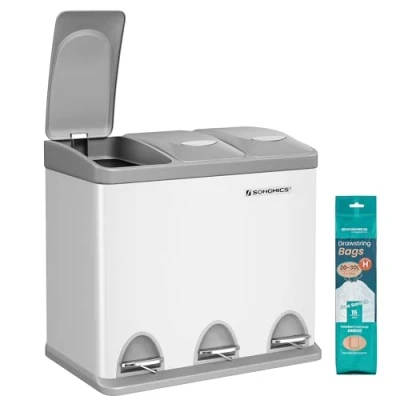 Immagine di SONGMICS Cestino per Rifiuti da Cucina, 3 x 8 L Pattumiera Differenziata Piccolo Volume, Triplo in Acciaio, Pedali e Secchi Interni, Facile Pulire, Bianco Grigio LTB24WT