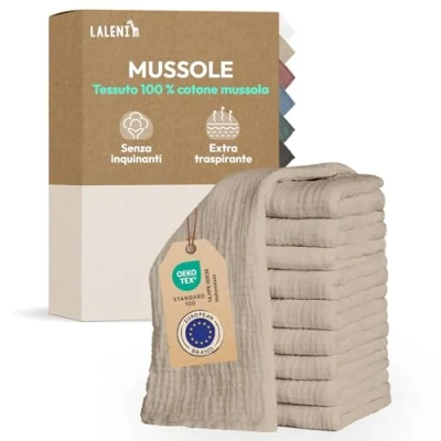 Immagine di Laleni Mussole Neonato Cotone 70x70cm In Set Di 10 Quadrotti Per Pelli Sensibili Asciugamani Extra Morbidi E Assorbenti Lavette Quadrati Beige