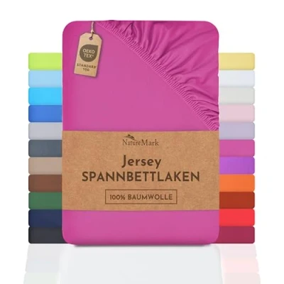 Immagine di NatureMark Lenzuolo con angoli elasticizzati in jersey, 100% cotone, molti colori e misure, conforme all’Oeko Tex Standard 100, 180 x 200 cm pink