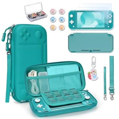 Immagine di Younik Custodia Switch Lite, Bundle Lite 14 in 1, Protettiva Trasparente, per Carte di Gioco, 2 Proteggi Schermo, 6 Grip il Pollice, Ciondolo, Turchese