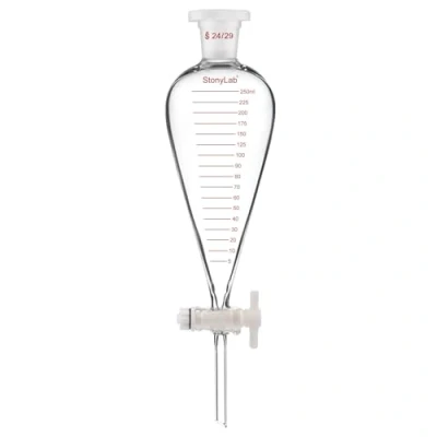 Immagine di stonylab Imbuto Separatore Graduato, Parete Spessa a Forma di Pera Conica in Vetro Borosilicato, Rubinetto PTFE e Tappo Superiore Plastica, 250 ml