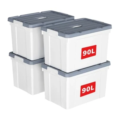 Immagine di Cetomo 90L*4 Scatole di Stoccaggio in Plastica, Portaoggetti con Coperchio, Organizzatore Manico, Contenitori per Casa e Ufficio, Impilabile, Resistente, Bianco, 90L Confezione da 4