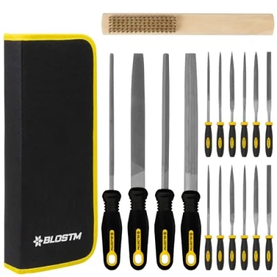 Immagine di BLOSTM Set di Lime e Raspa per Legno 17 Pezzi 4 Metallo Grandi 12 aghi con Valigetta Degli Attrezzi Compatta Spazzola Ferro, Lima da Legno, Vetro Plastica