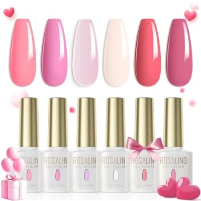 Immagine di ROSALIND Shellac Smalto Semipermanente Unghie Rosa Chiaro Neon Confetto 6 Colori UV LED Soak Off Gel Smalti Semipermanenti Valentino