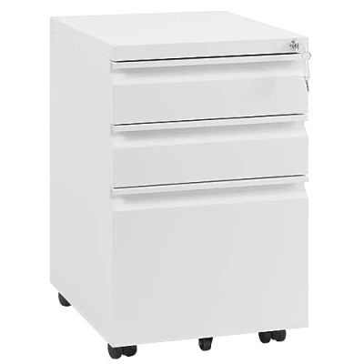 Immagine di WOLTU Cassettiera da Ufficio a 3 Cassetti, Schedario con Serratura e Chiave, Mobile Ruote per Documenti di Diverse Dimensioni, in Metallo, Bianco, 39x46x62cm, ASK03ws