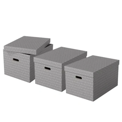Immagine di Esselte Set di 3 Contenitori Grandi con Coperchio in Cartone Riciclato e Riciclabile al 100%, Ottimali per lo Stoccaggio l&#039;Archiviazione, Design Geometrico, 355 mm x 305 510 mm, Grigio