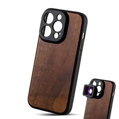 Immagine di MOJOGEAR Custodia per obiettivo da 17 mm compatibile con iPhone 14 Pro Filettatura macro, teleobiettivo, anamorfico o adattatore DOF robusta Vero legno