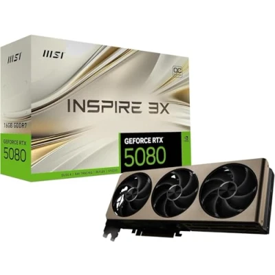 Immagine di MSI NVIDIA GeForce RTX 5080 16G INSPIRE 3X OC GDDR7 256bit, scheda video con frequenza di boost fino a 2655 MHz, PCIe Gen 5, DLSS 4, 3 porte DP 2.1, 1 porta HDMI pronta per SFF