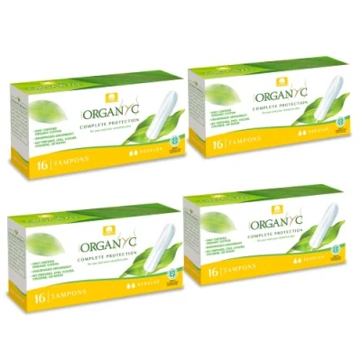 Immagine di Organyc Tamponi in Cotone Certificato 100% Biologico per Flusso Moderato, 4 Confezioni da 16 Unità, Totale 64 Unità