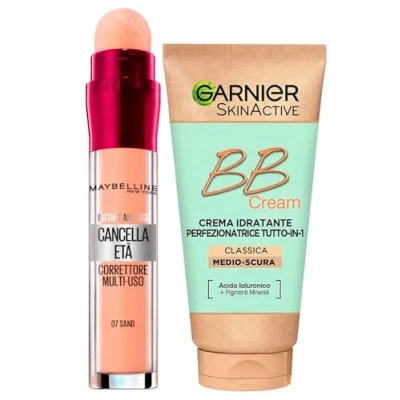 Immagine di Garnier Skinactive BB Cream Crema Viso Idratante Perfezionatrice Tutto in 1 SPF25 Tonalità Medio Scura + Il Cancella Età Correttore Liquido Multiuso Colore 07 Sand con Applicatore a Spugnetta