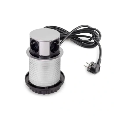 Immagine di Emuca Multiconnettore Vertikal Push diametro 100mm, 3 spine di tipo Schuko, 1 USB A, C, Acciaio e Tecnoplastica, Verniciato alluminio