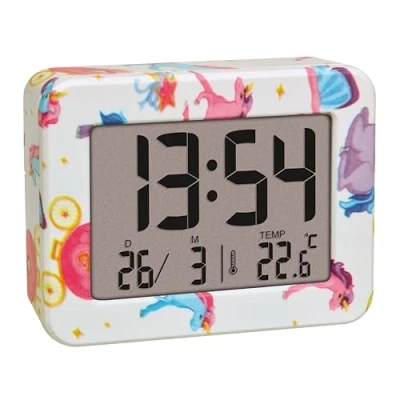 Immagine di TFA Dostmann Mini sveglia digitale per bambini Unicorn, 60.2044.41, orologio da comodino, a batteria, con data e termometro interno, viaggio, piccolo
