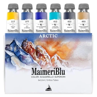 Immagine di Maimeri BLU, acquerelli di belle arti, set artico, scatola cartone, colori assortiti, 6 pezzi da 12 ml, multicolore, ml