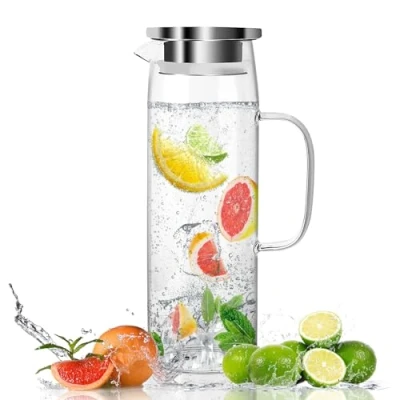 Immagine di 1,5 Litri Brocca Acqua Vetro con Coperchio, Trasparente Caraffa Vetro, e Resistente, Calore Borraccia in Borosilicato, per Calda Fredda, Il Tè Freddo, Vino