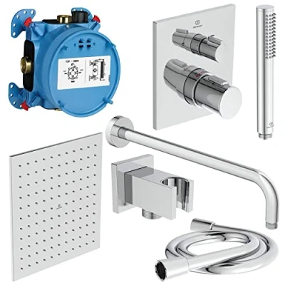 Immagine di Ideal Standard Ceratherm C100, Kit doccia con miscelatore termostatico, Set da 7 pezzi per doccia, Cromato