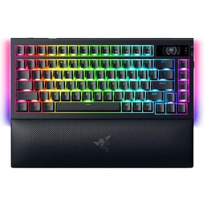 Immagine di Razer BlackWidow V4 Pro 75% Tastiera da gioco wireless sostituibile a caldo Display OLED (ghiera dei comandi, 4K Hz e connettività Bluetooth, poggiapolsi magnetico) Layout US Nero