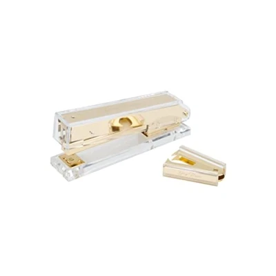 Immagine di Dany Marcus Set cucitrice + levapunti, in materiale acrilico trasparente e metallo color oro, pinzatrice per graffette 24/6, fissa 25 fogli