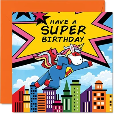 Immagine di biglietto compleanno bambini Super Unicorno supereroe biglietti ragazze ragazzi lui lei 145mm auguri figlio figlia nipote