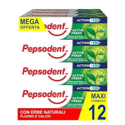 Immagine di Pepsodent Dentifricio Active Fresh con fluoro e calcio per la protezione della carie 24 ore 75 ml (pacco da 12x75ml)