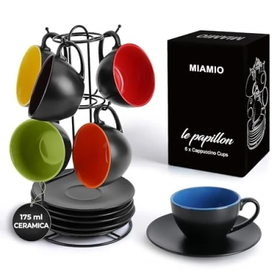 Immagine di MIAMIO 175 ml Set di 6 Tazze Cappuccino con Piattini/Tazza Cappuccino/Tazze da Tazzine Caffè Piattino Colazione Caffe Collezione Le Papillon (Misto)