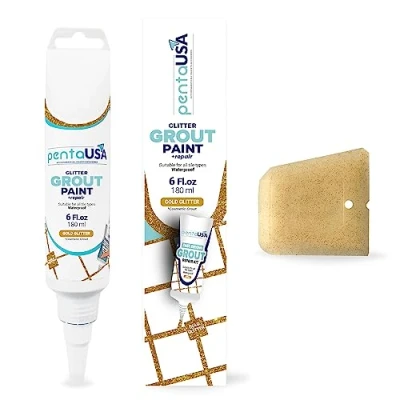 Immagine di PentaUSA Glitter per Fughe Ripara e Rinnova Esistenti, Malta Decorativa Premiscelata Piastrelle, Asciugatura Rapida, Kit con Spatola (Oro / 250gr)