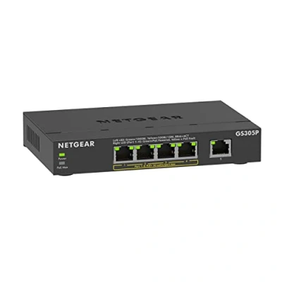 Immagine di Netgear GS305P Switch Unmanaged Gigabit Ethernet PoE a 5 Porte, con 4 PoE+ 63 W, Montaggio su Scrivania o Parete