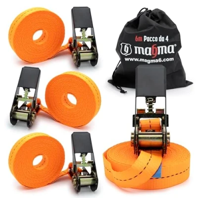 Immagine di MAGMA 4 Cinghie con Cricchetto 6m Cinghia Fissaggio Portapacchi e Rimorchi di Carico Regolabili per Kayak, Tavola da Surf, Canoa, Bici, Moto Rottura: 1600kgf/pz Arancione