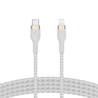 Immagine di Belkin BoostCharge Pro Flex Cavo intrecciato da USB C a Lightning (1 m), certificato MFi, ricarica rapida Power Delivery 20 W, per iPhone 14/14Plus, 13, 12, Pro, Max, mini, SE, iPad, altri Bianco