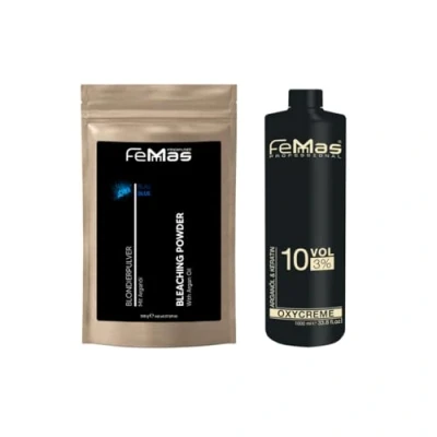 Immagine di FemMas set di biondi in polvere con olio argan 500 g e sviluppatore 3% 1 l, iniziale perfetto per schiarire la casa, una bionda fino a 7 livelli tono qualità salone