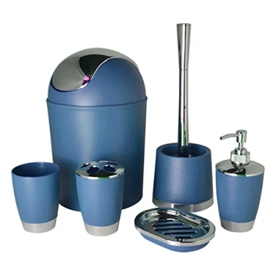 Immagine di Bathlux, set di accessori da bagno con design moderno, 6 pezzi, spazzolino per WC, pattumiera, portasapone, portaspazzolino, dispenser sapone, tazza risciacquo Blue