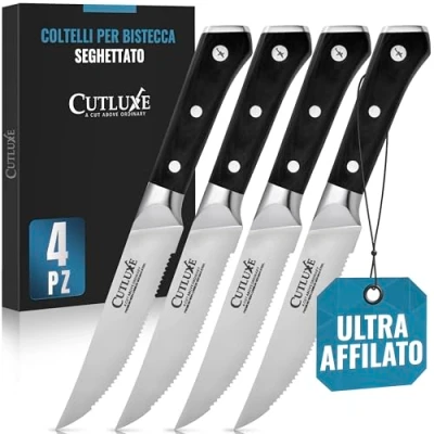 Immagine di Cutluxe Set Coltelli da Tavola, 4 pezzi, Bistecca, Acciaio al Carbonio, Lama Affilata e Resistente, Artisan Series