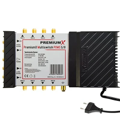 Immagine di Premium X PXMS Multiswitch 5/8 con alimentatore Distributore di segnali satellitari per 8 utenti Supporta Digital HDTV FullHD 4K UHD 8K