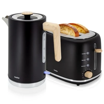 Immagine di briebe Nordic Tostapane a Fessura Larga 2 Fette, 6 Livelli di Tostatura, Pinze + Bollitore Elettrico 1,7L Cordless, Ebollizione Rapida 2200 W, senza BPA, Set Colazione Design Nordique, Nero