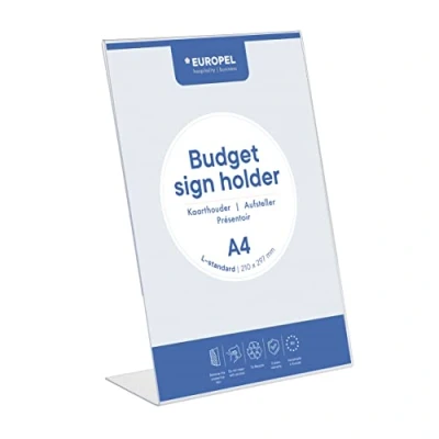 Immagine di Europel Porta cartelloni di bilancio, standard L, formato A5, verticale, in polistirene trasparente, 1,5 mm, per menù e opuscoli, ristoranti, hotel, conferenze ricevimenti, autoportante design