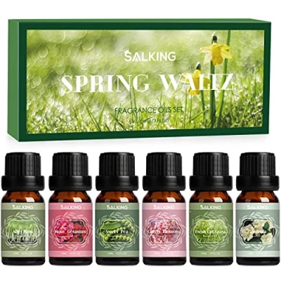 Immagine di SALKING Oli Essenziali Primavera per Diffusori 6x10ml, Set di Olio Essenziale Puri Aromaterapia Dopo la pioggia, Erba fresca tagliata, Pisello dolce, Geranio rosa, Fiore ciliegio, Gardenia