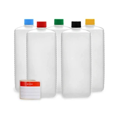 Immagine di Octopus 5X 1000 ml Bottiglie in plastica, plastica HDPE con Tappi a Vite variopinti, vuote coperchi Colorati, quadre Etichette compilabili Incluse