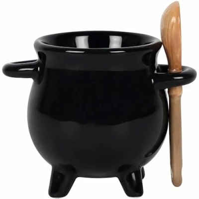Immagine di something different Adorabile portauovo a forma di calderone nero con cucchiaio scopa, 6,5 cm x 9 (1 pezzo), design strega, divertente e unico, perfetto accessorio da cucina regalo