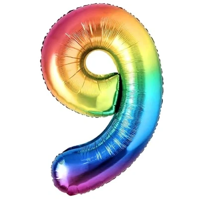 Immagine di Palloncino 9 Compleanno Numero Gigante Multicolore Metallizzato, XXL di 100 cm. Decorazione Compleanno. ad Aria o Elio.