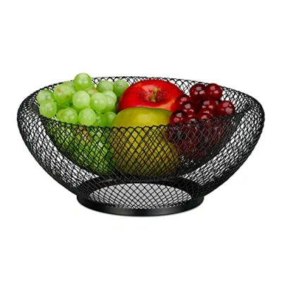 Immagine di Relaxdays Centrotavola Portafrutta in Metallo, HxD: 10x25 cm, Cestino Rotondo a Doppia Parete per Frutta e Verdura, Nero