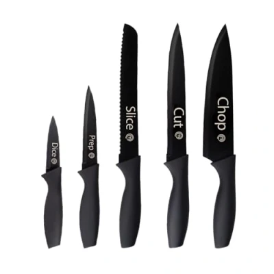 Immagine di MasterChef Set Coltelli da Cucina, Collezione di Coltello Chef per Pane, Carne e Verdure, Acciaio Inox, Prova Calore, Lavabile in Lavastoviglie, 5 Pezzi, Nera